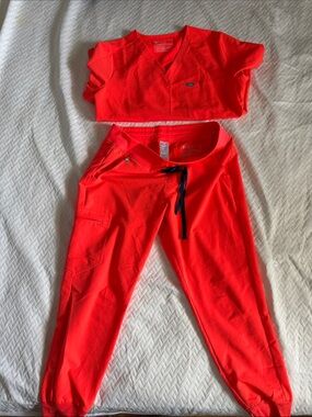 Figs Women's Neon Red Track Pants & Scrub Top Set